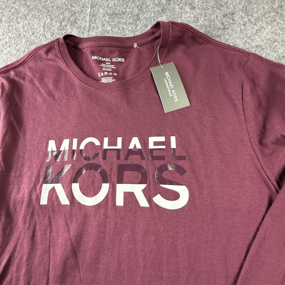 Michael Kors Mens Long Sleeve Crew Neck T Shirt Burgundy Logo Lounge Wear Size L